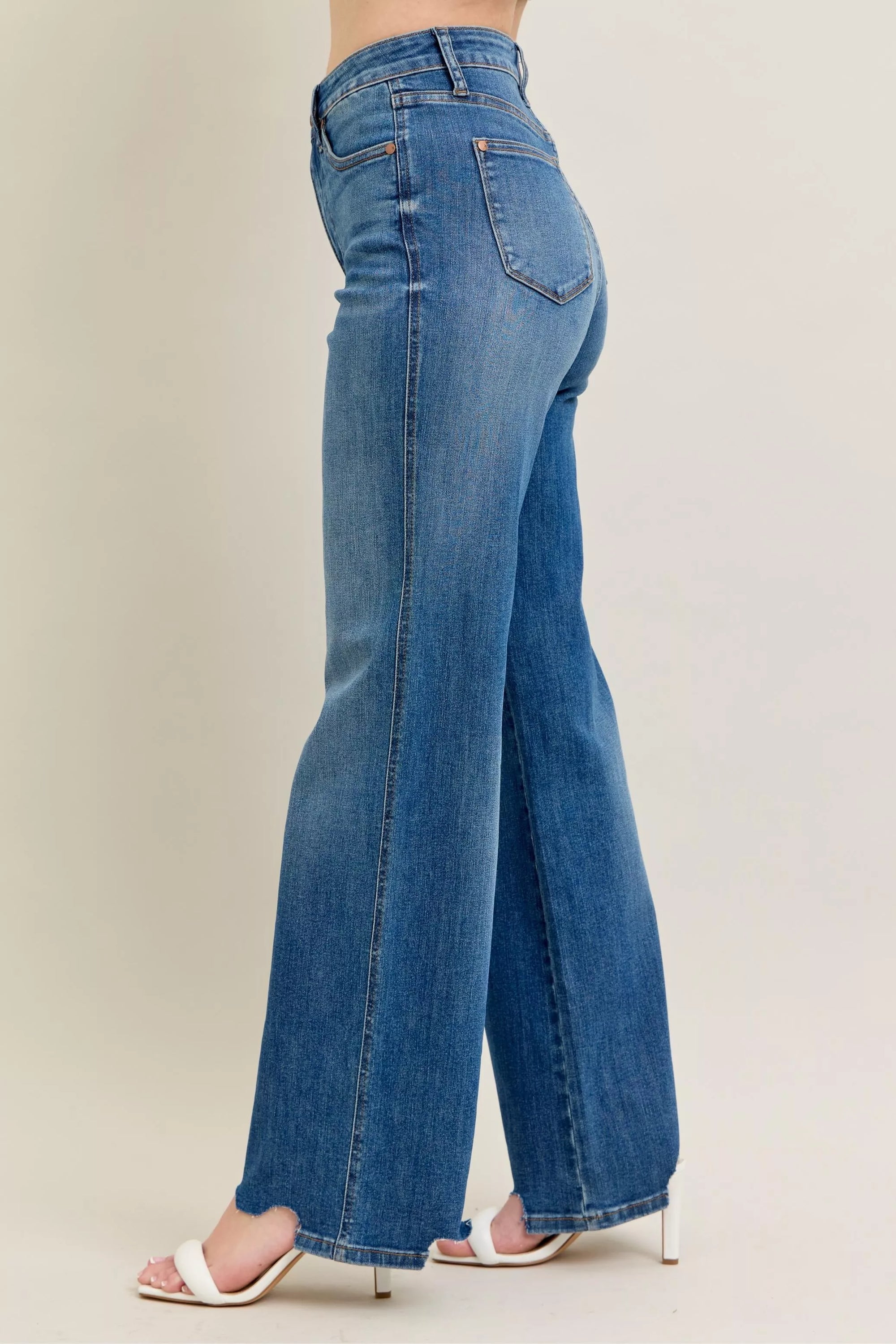 Judy Blue Full Size High Waist Tummy Control Chew Hem Destroy Wide Jeans Plus Size - Jeans Junction Online