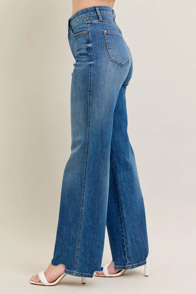 Judy Blue Full Size High Waist Tummy Control Chew Hem Destroy Wide Jeans Plus Size - Jeans Junction Online
