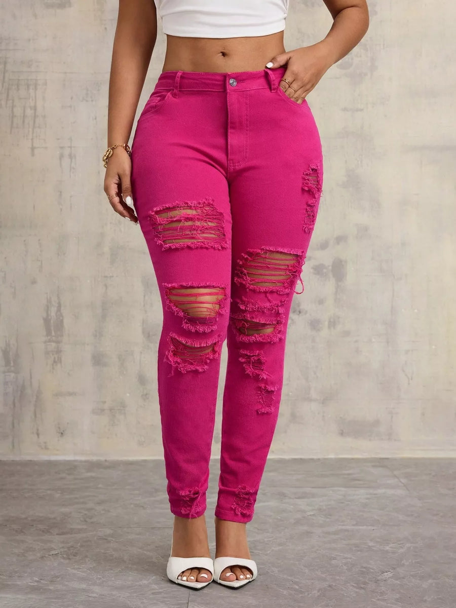 High-Waisted Distressed Skinny Jeans - Jeans Junction Online 