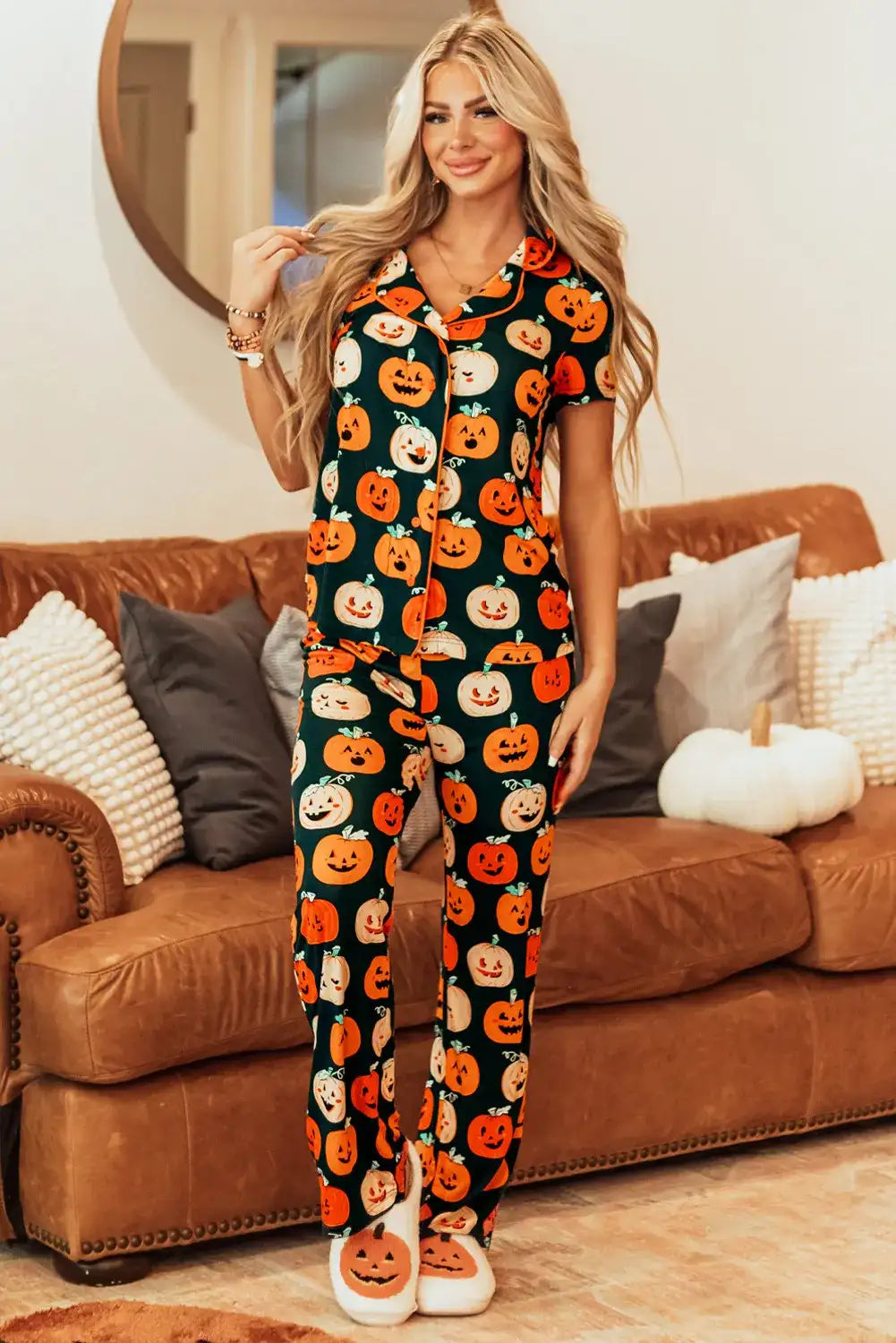 Pumpkin Printed Short Sleeve Top and Pants Lounge Set - Jeans Junction Online