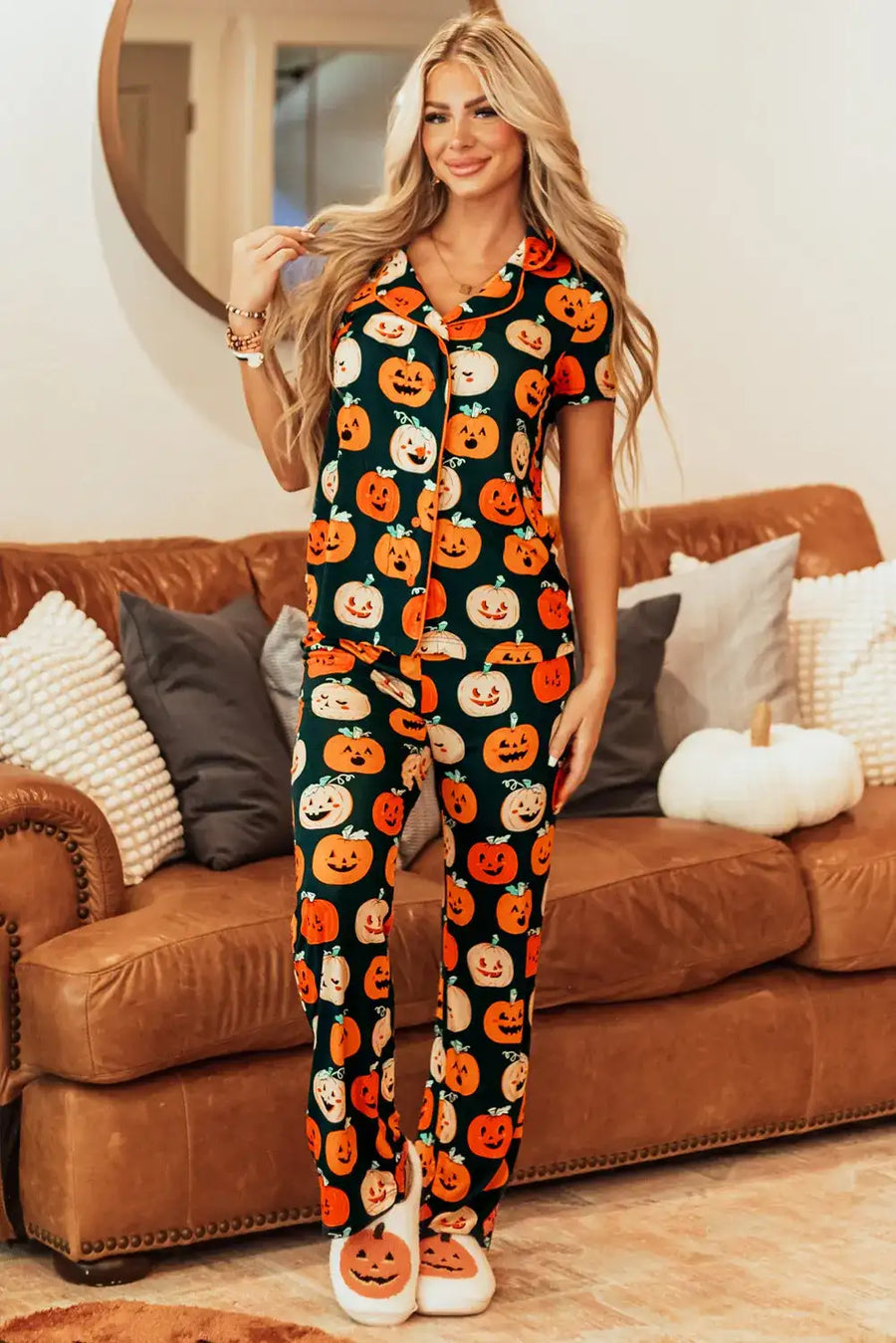 Pumpkin Printed Short Sleeve Top and Pants Lounge Set - Jeans Junction Online 