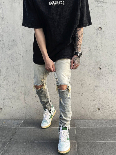 Washed And Distressed Slim-fit Jeans With Holes - Jeans Junction Online