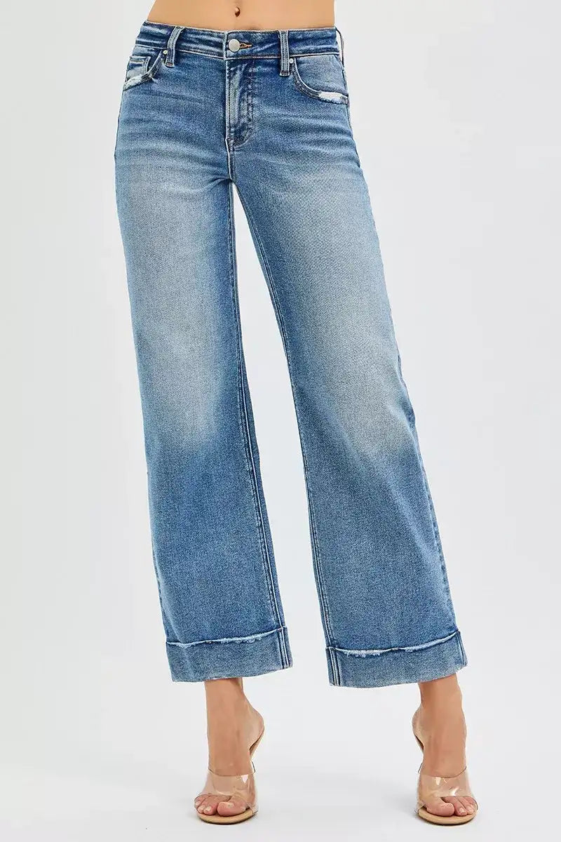 RISEN Full Size Mid Rise Crop Straight Jeans with Taylor Cuffed Plus Size - Jeans Junction Online 
