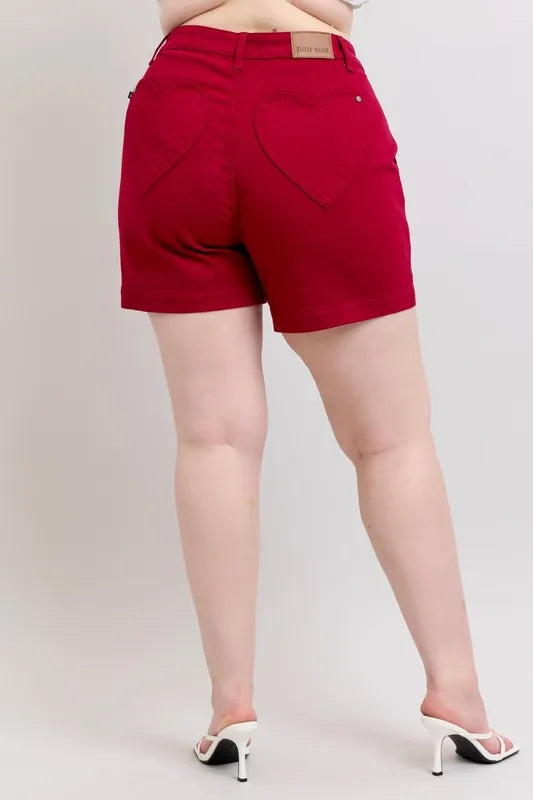 Judy Blue Plus Size High Waist Tummy Control Garment Dyed Heart Shaped Denim Shorts - Jeans Junction Online