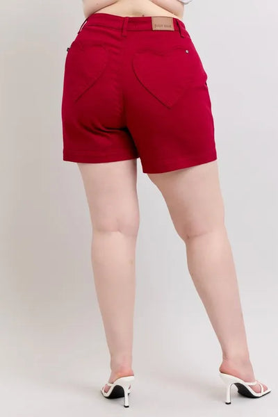 Judy Blue Plus Size High Waist Tummy Control Garment Dyed Heart Shaped Denim Shorts - Jeans Junction Online