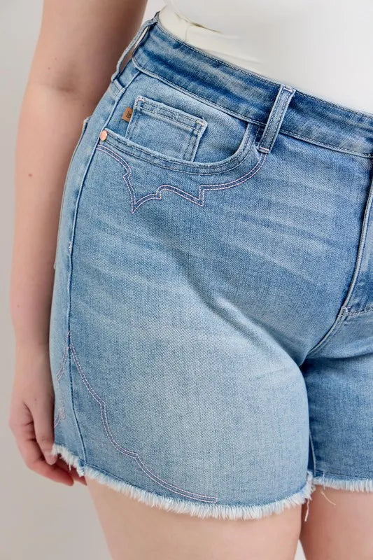 Judy Blue Plus Size High Waist Western Embroidery Detail Cut Off Denim Shorts - Jeans Junction Online