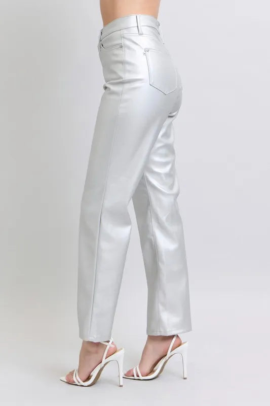 Judy Blue Full Size High Waist Silver Faux Leather Pants Plus Size - Jeans Junction Online