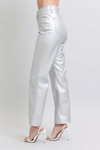 Judy Blue Full Size High Waist Silver Faux Leather Pants Plus Size - Jeans Junction Online