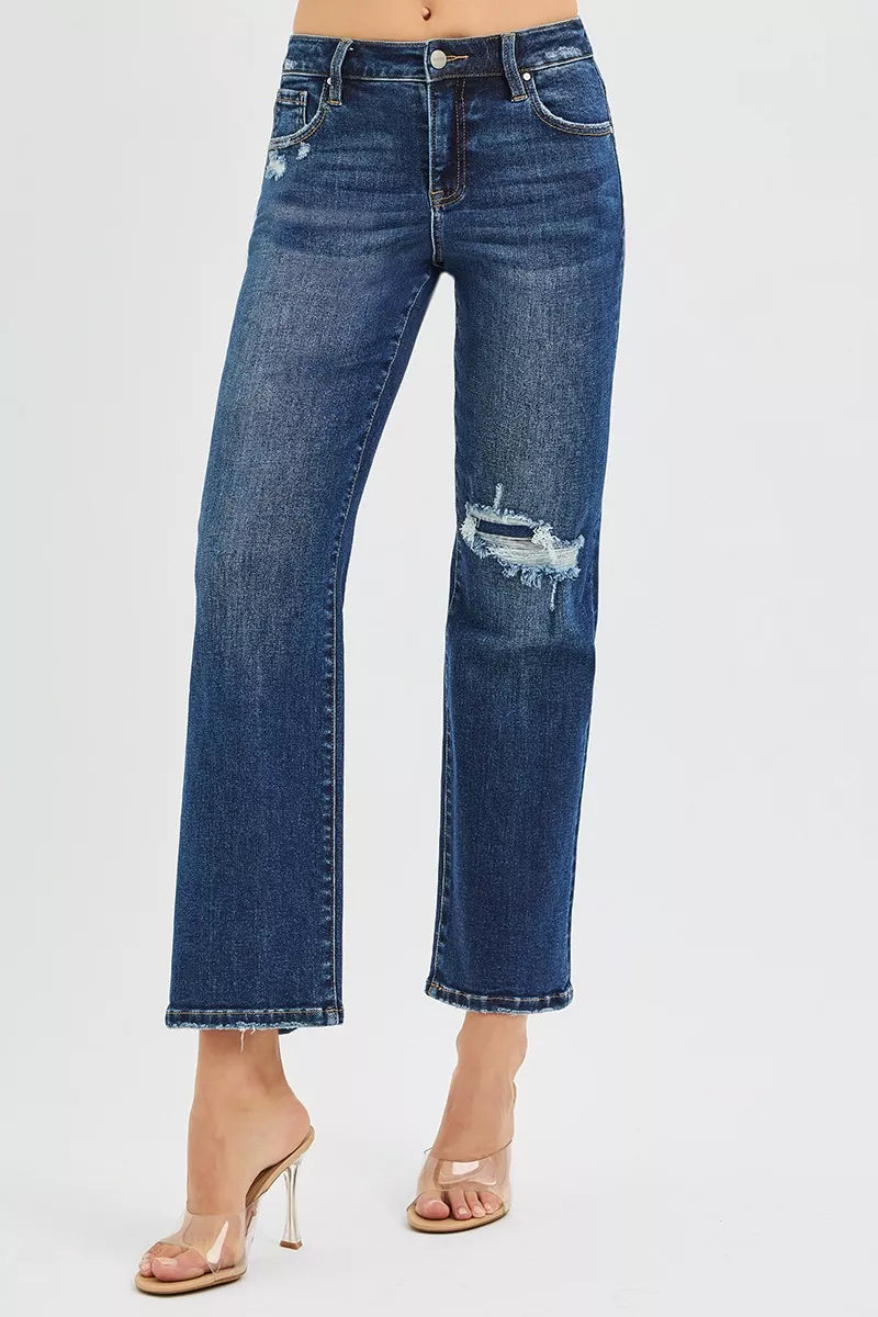 RISEN High Rise Crop Slim Straight Jenas with Hidden Knee Patch - Jeans Junction Online