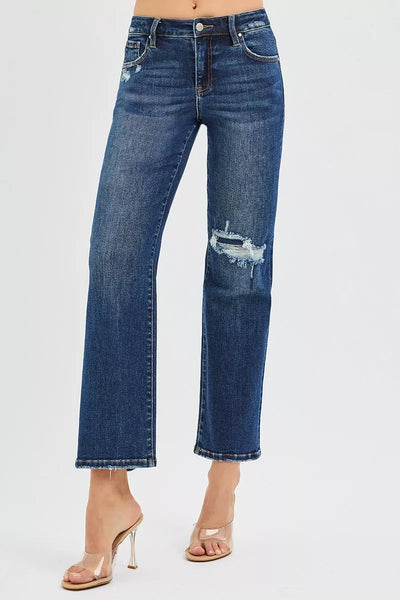 RISEN High Rise Crop Slim Straight Jenas with Hidden Knee Patch - Jeans Junction Online
