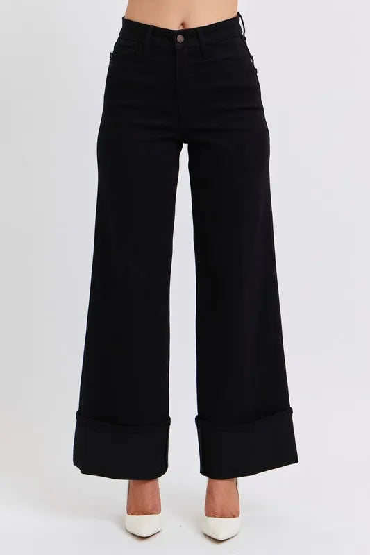 Judy Blue Full Size High Waist Reto Wide Leg W/ Cuff Plus Size - Jeans Junction Online 