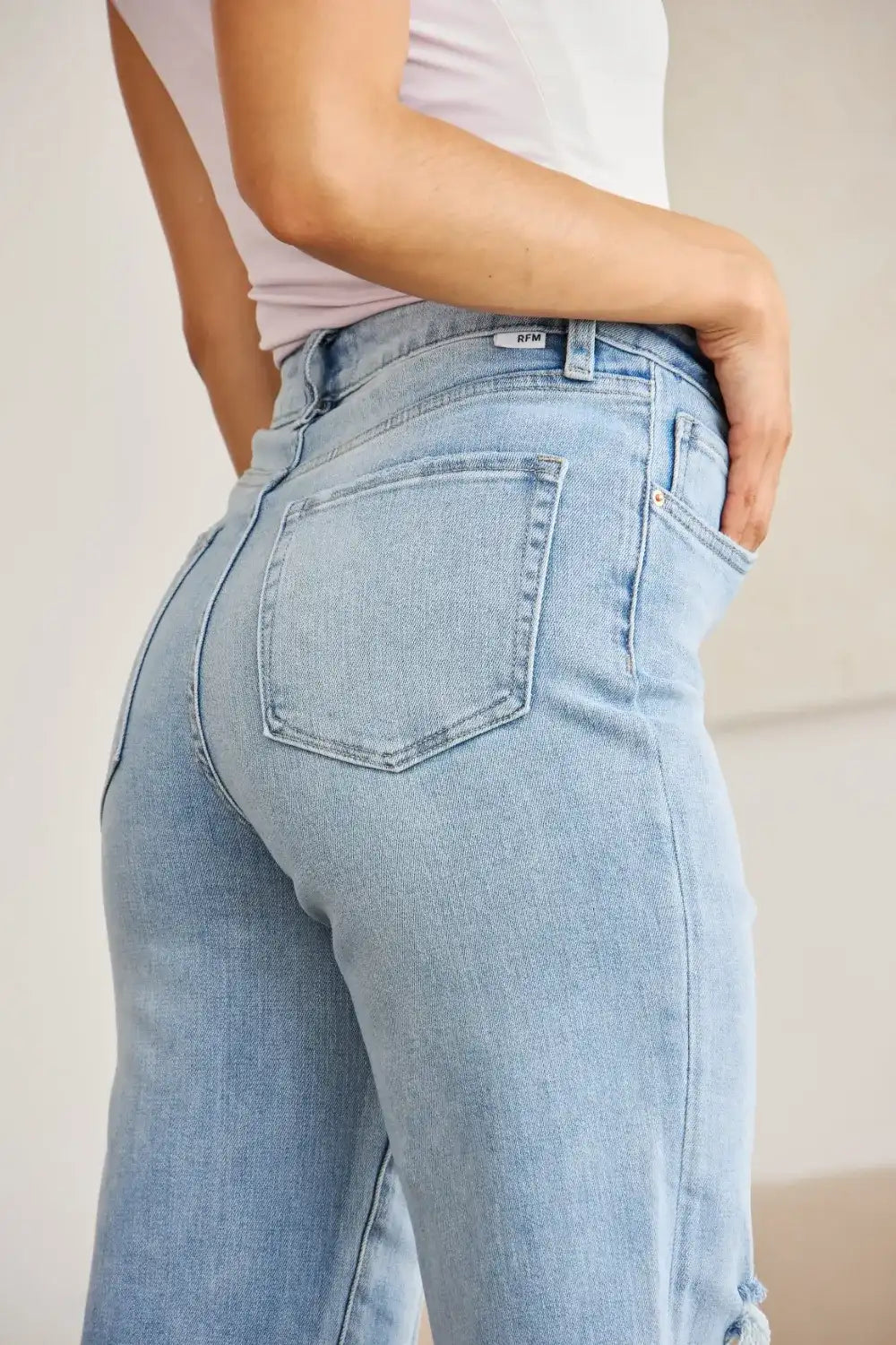 RFM Full Size Tummy Control High Waist Raw Hem Distressed Jeans - Jeans Junction Online