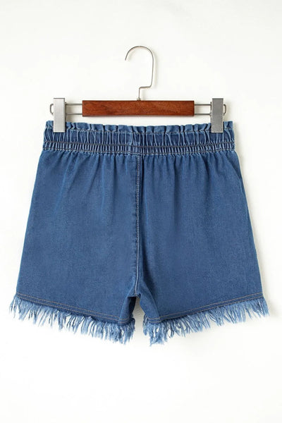Raw Hem Drawstring High Waist Denim Shorts with Pockets - Jeans Junction Online
