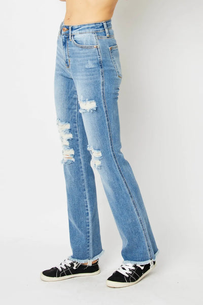 Judy Blue Full Size Distressed Raw Hem Bootcut Jeans - Jeans Junction Online