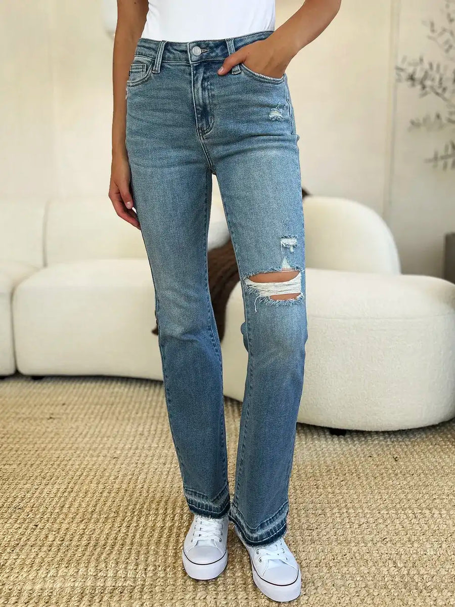 Judy Blue Full Size Mid Rise Destroyed Hem Distressed Jeans - Jeans Junction Online 