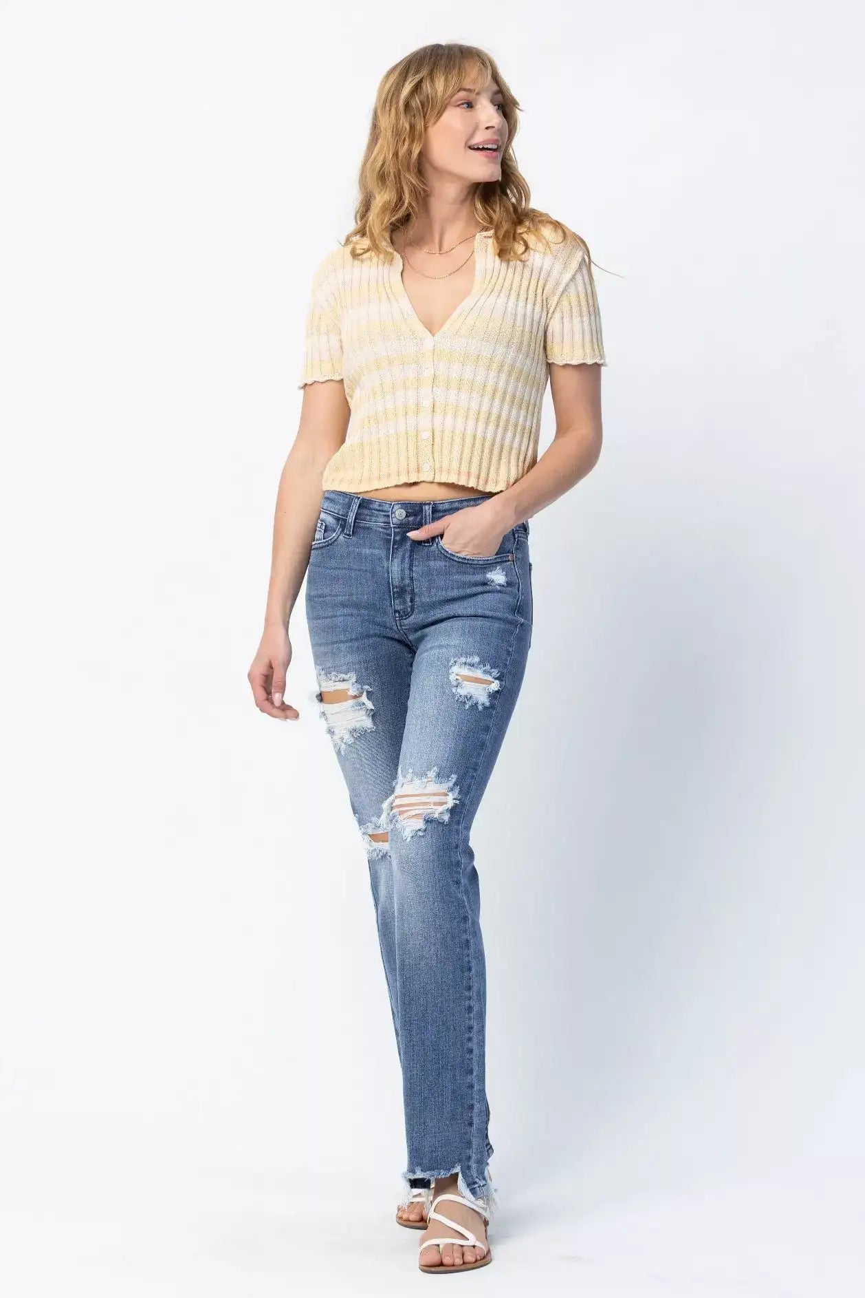 Judy Blue Full Size Mid Rise Destroy Straight Jeans Plus Size - Jeans Junction Online