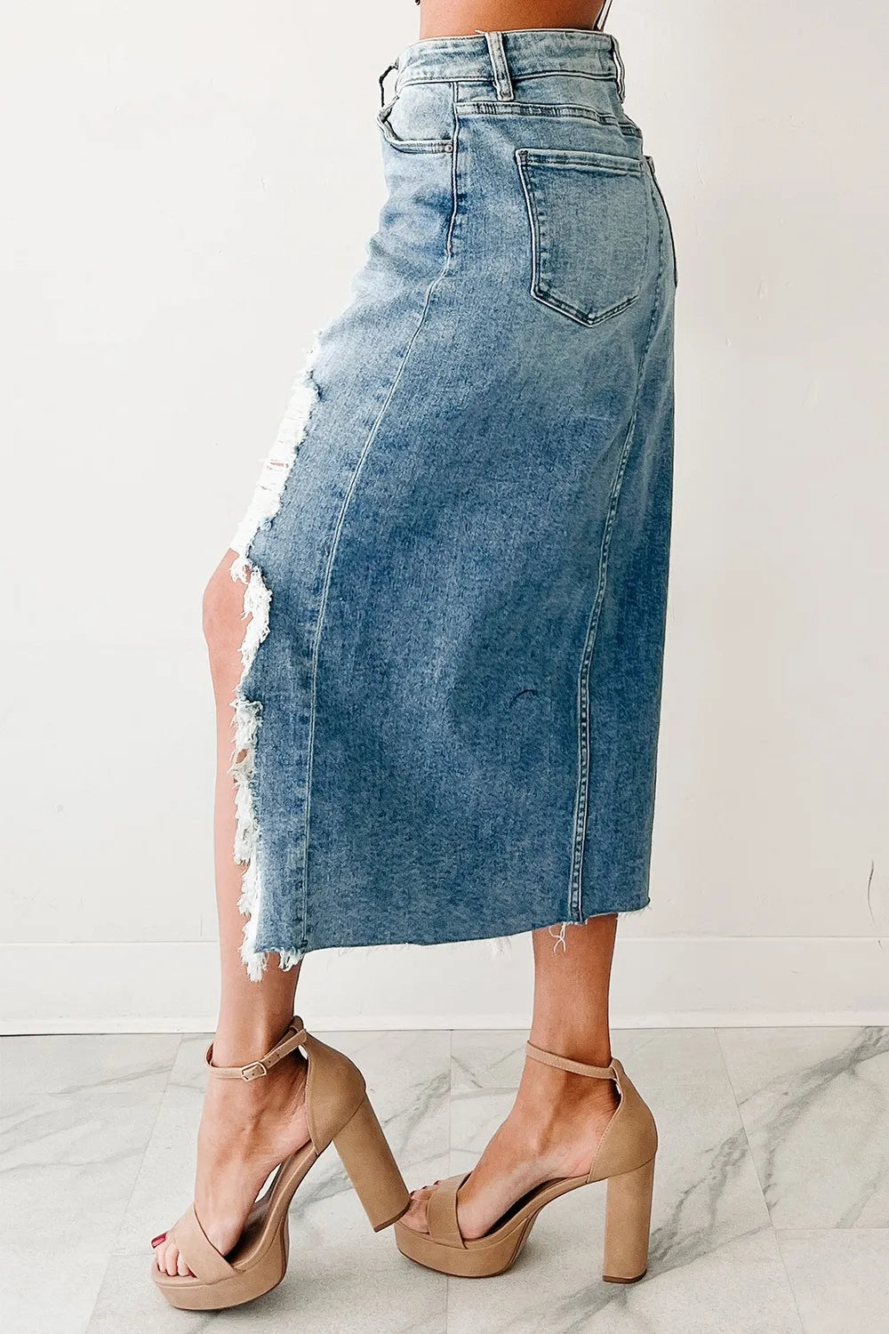 Distressed Asymmetrical Denim Skirt with Frayed Hem - Jeans Junction Online
