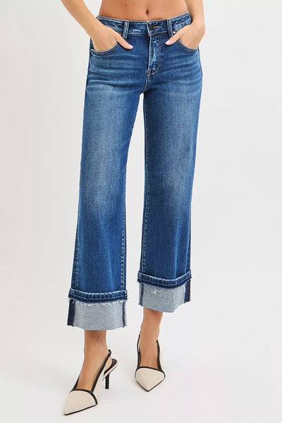 RISEN Mid Rise Ankle Straight Jeans with Cuffed Hem - Jeans Junction Online