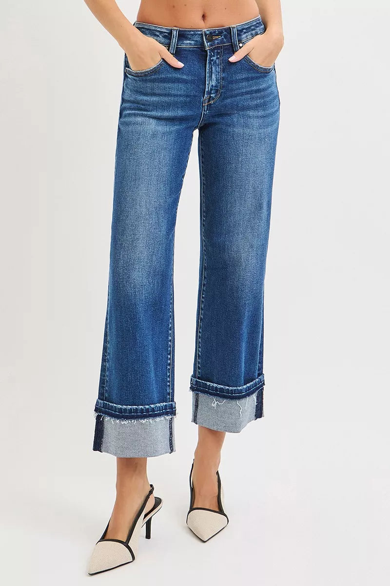 RISEN Mid Rise Ankle Straight Jeans with Cuffed Hem - Jeans Junction Online 