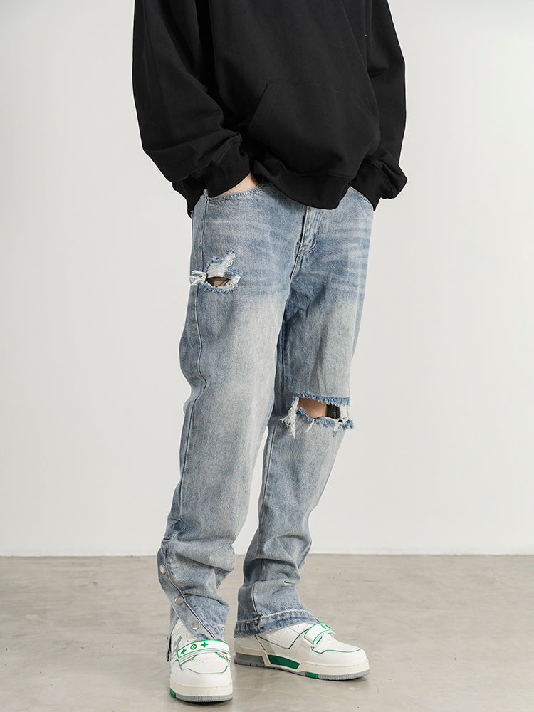 One-knee Hole-breasted Split Straight-leg Jeans - Jeans Junction Online