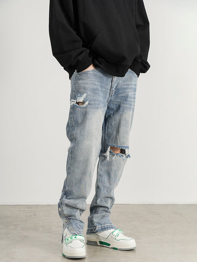 One-knee Hole-breasted Split Straight-leg Jeans - Jeans Junction Online
