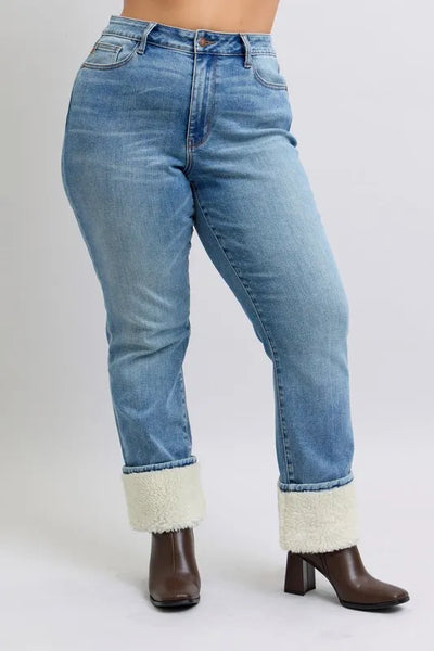 Judy Blue Full Size High Waist Shearling Cuff Straight Plus Size - Jeans Junction Online