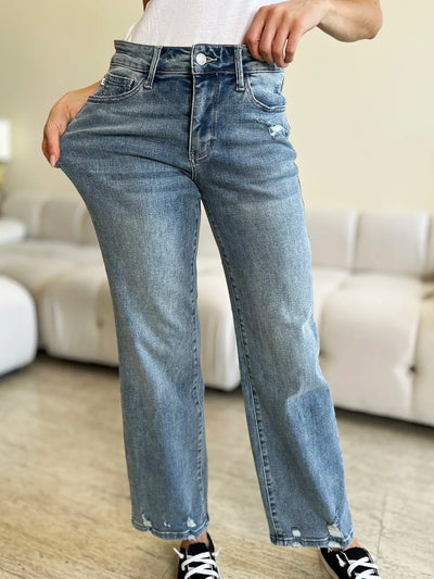 Judy Blue Full Size Mid Rise Distressed Straight Jeans - Jeans Junction Online