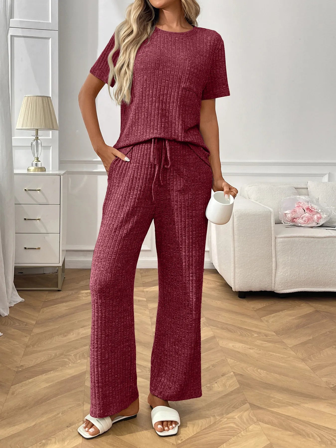 Ribbed Knit Short Sleeve Top and Pants Lounge Set - Jeans Junction Online