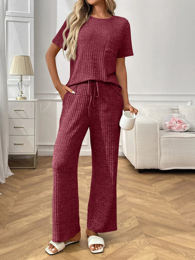 Ribbed Knit Short Sleeve Top and Pants Lounge Set - Jeans Junction Online