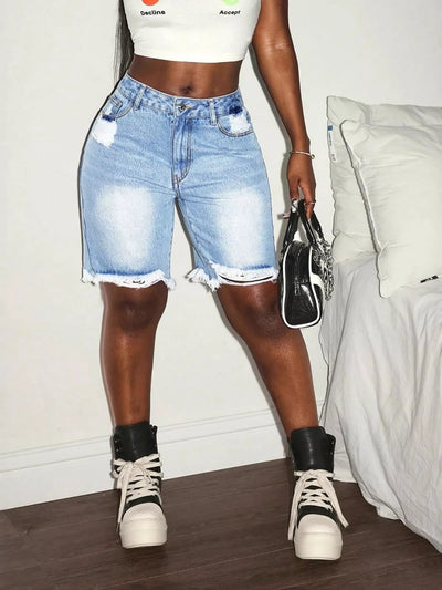 Distressed High Waist Frayed Hem Denim Shorts - Jeans Junction Online