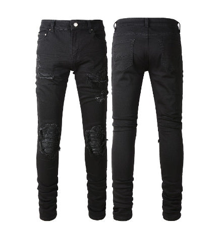 Jeans Slim Fit Small Straight Knee Hole Stretch Men's Trousers - Jeans Junction Online