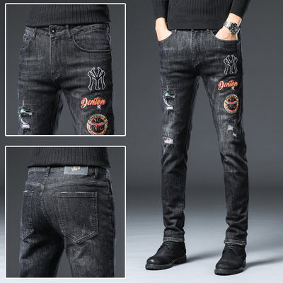 High-End Embroidered Ripped Slim-Fit Jeans - Jeans Junction Online