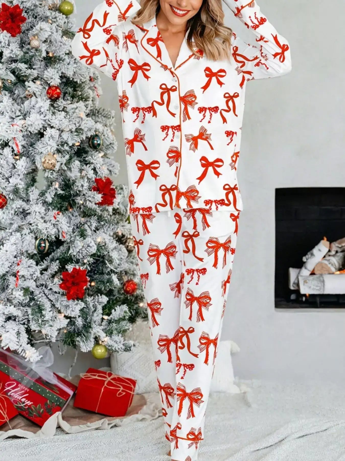 Christmas Bow Print Top and Pants 2pcs Pajama Set - Jeans Junction Online