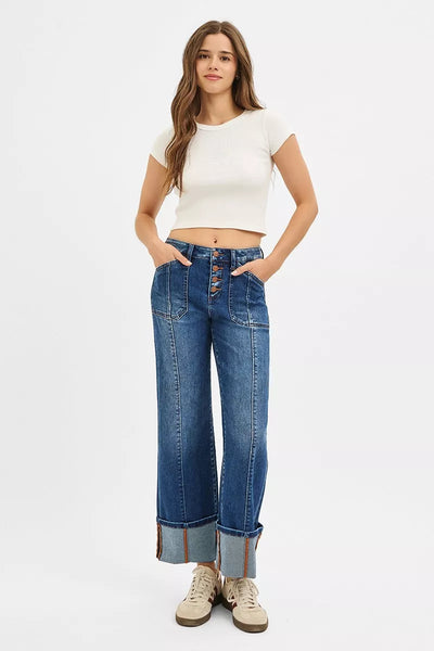 RISEN Full Size High Rise Crop Wide Straight Cuffed Jeans Plus Size - Jeans Junction Online