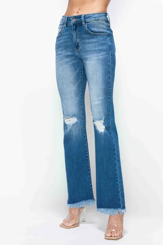 bytos Full Size Raw Hem Distressed High Rise Bootcut Jeans - Jeans Junction Online