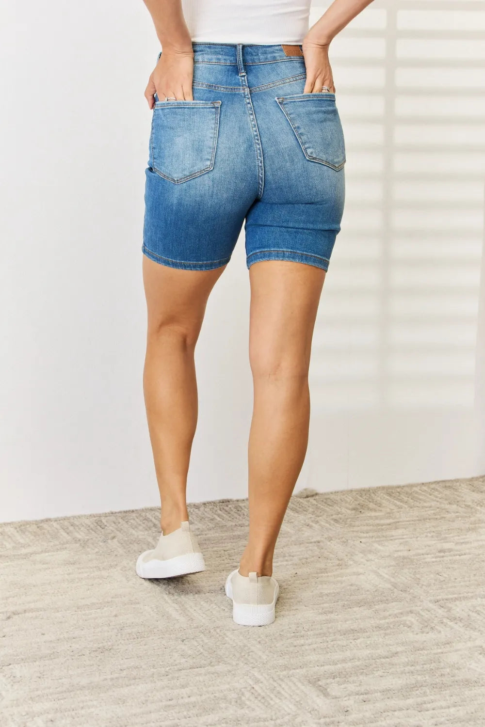 Judy Blue Full Size Tummy Control Double Button Bermuda Denim Shorts - Jeans Junction Online