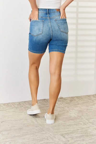 Judy Blue Full Size Tummy Control Double Button Bermuda Denim Shorts - Jeans Junction Online