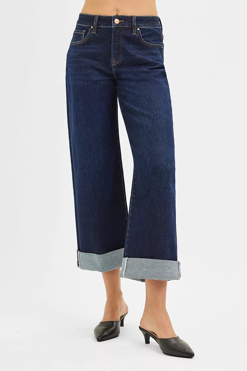RISEN Mid Rise Fit Ankle Wide Roll Up Jeans - Jeans Junction Online