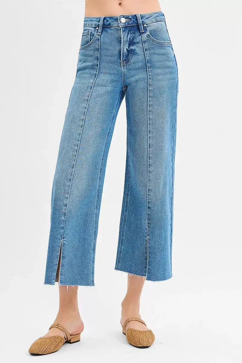 RISEN Tummy Control Mid Rise Crop Wide Front Slit Jeans - Jeans Junction Online