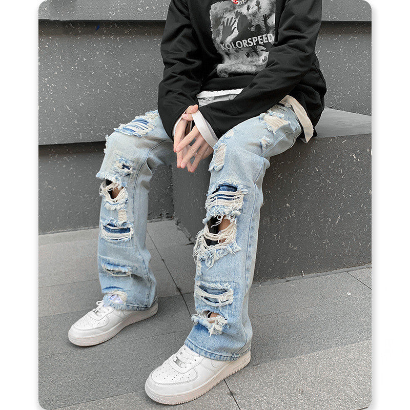 Men's Straight Irregular Trendy Ripped Jeans - Jeans Junction Online