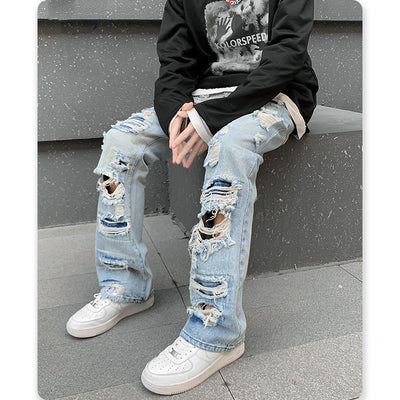 Men's Straight Irregular Trendy Ripped Jeans - Jeans Junction Online