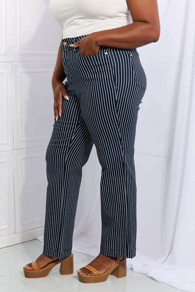 Judy Blue Cassidy Full Size High Waisted Tummy Control Striped Straight Jeans - Jeans Junction Online