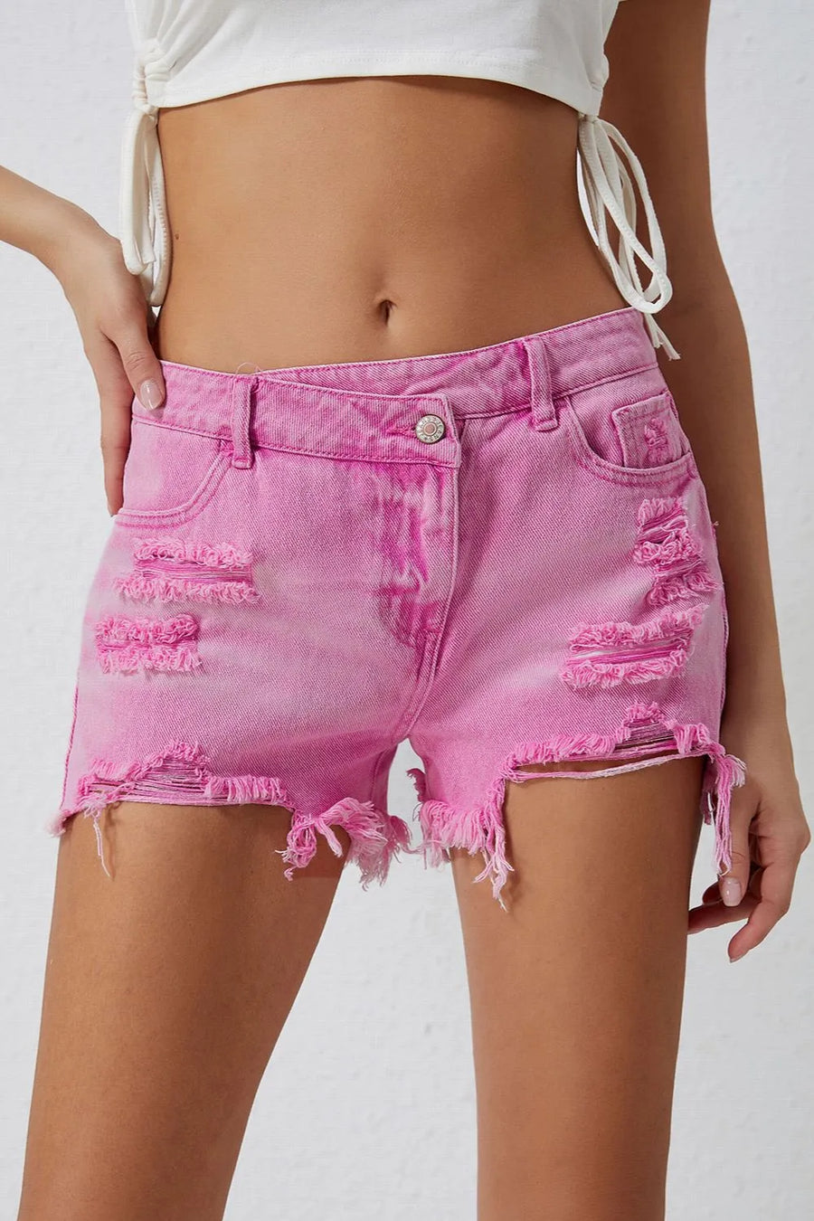 High Rise Crossover Waist Denim Shorts - Jeans Junction Online 