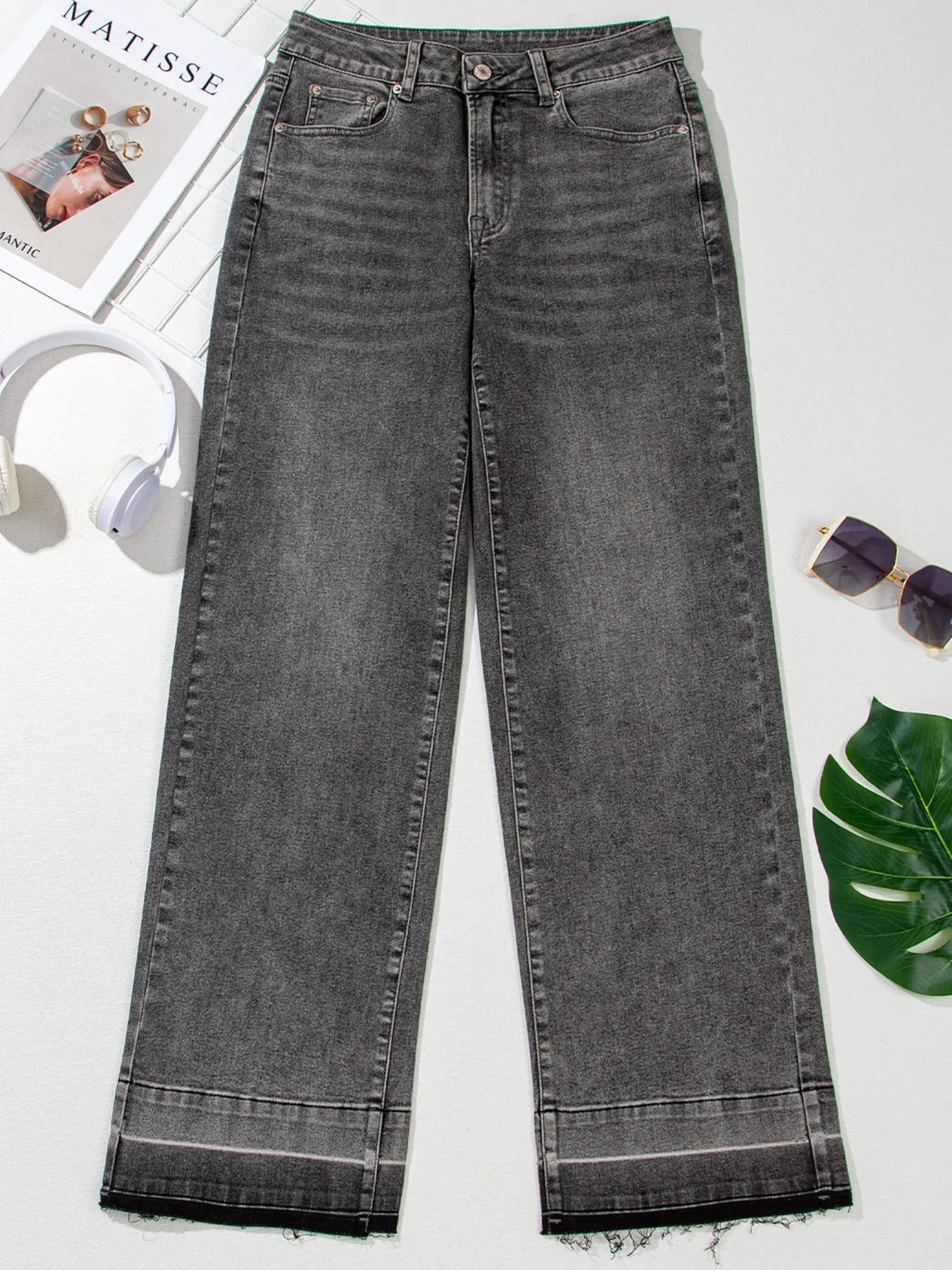 Raw Hem Unique Cuffs Straight High Rise Loose Jeans - Jeans Junction Online