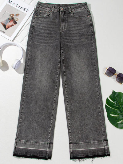 Raw Hem Unique Cuffs Straight High Rise Loose Jeans - Jeans Junction Online