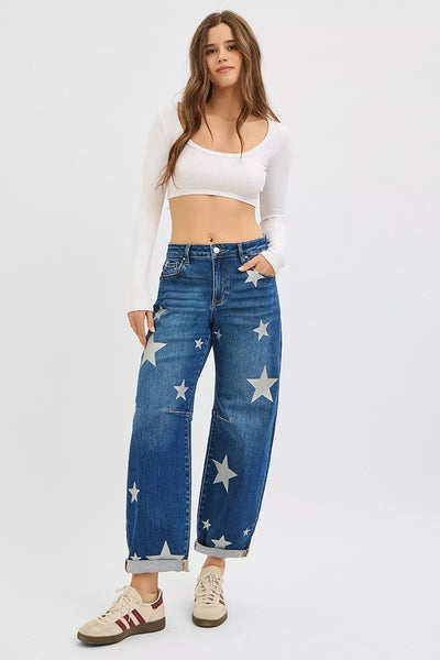 RISEN Mid Rise Ankle Length Relaxed Barrel Star Printed Jeans - Jeans Junction Online