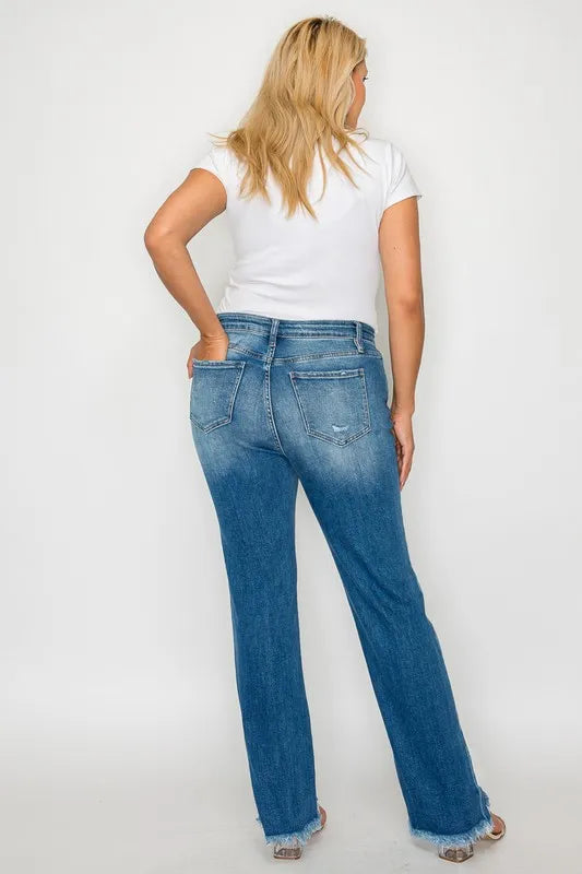 bytos Full Size Raw Hem Distressed Mid Rise Straight Jeans - Jeans Junction Online