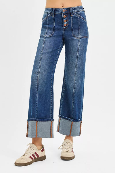 RISEN Full Size High Rise Crop Wide Straight Cuffed Jeans Plus Size - Jeans Junction Online