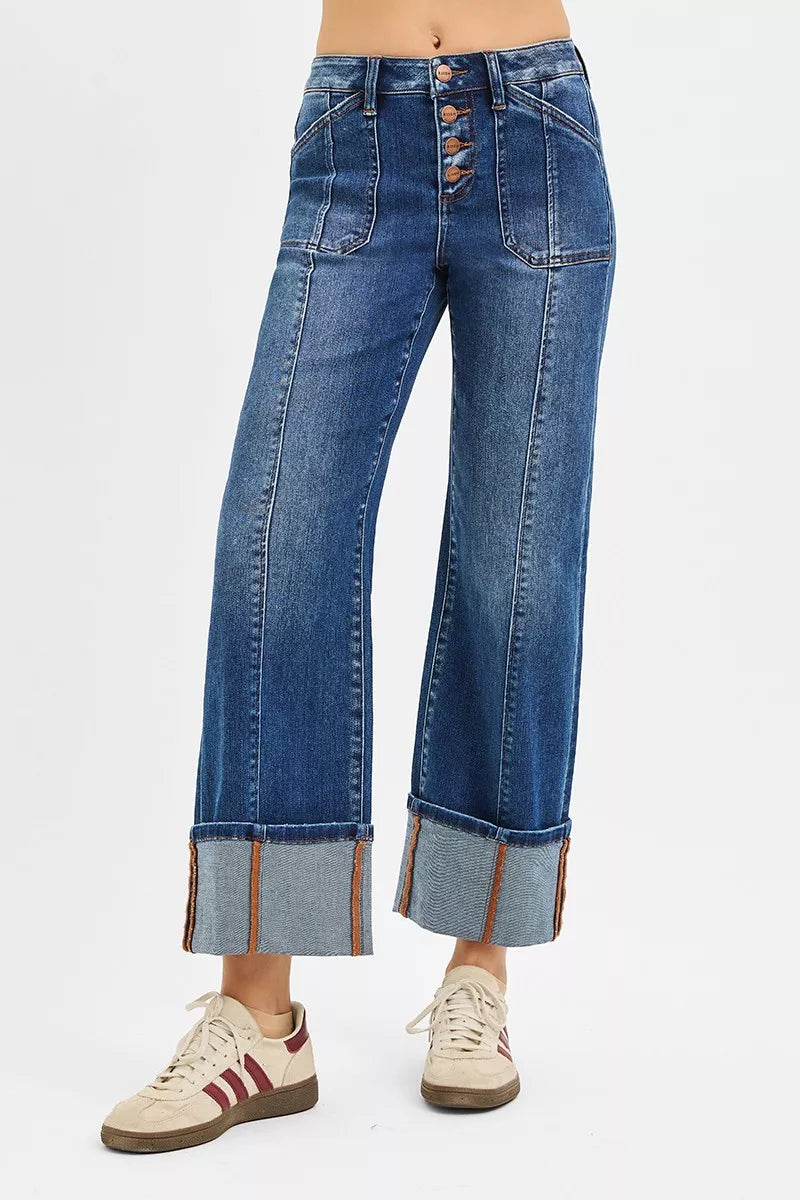 RISEN Full Size High Rise Crop Wide Straight Cuffed Jeans Plus Size - Jeans Junction Online 