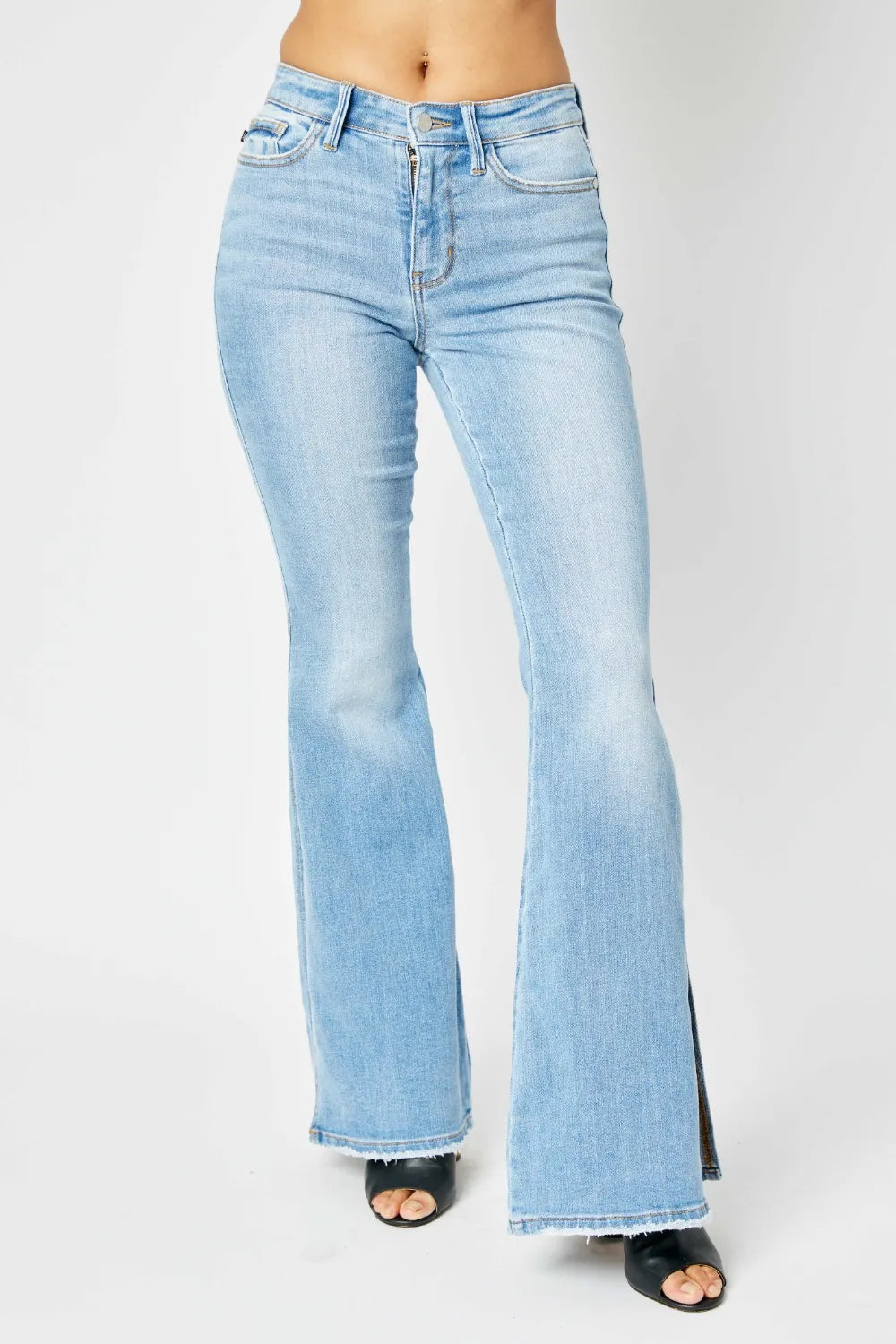 Judy Blue Full Size Mid Rise Raw Hem Slit Flare Jeans - Jeans Junction Online